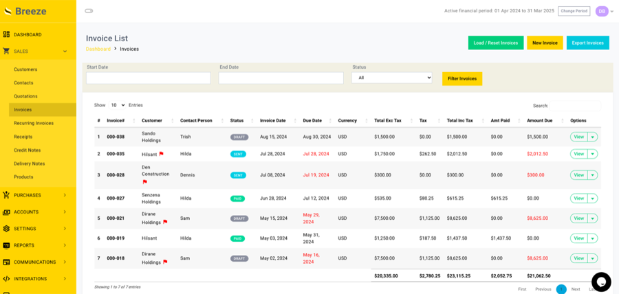 Breeze Accounting invoice list