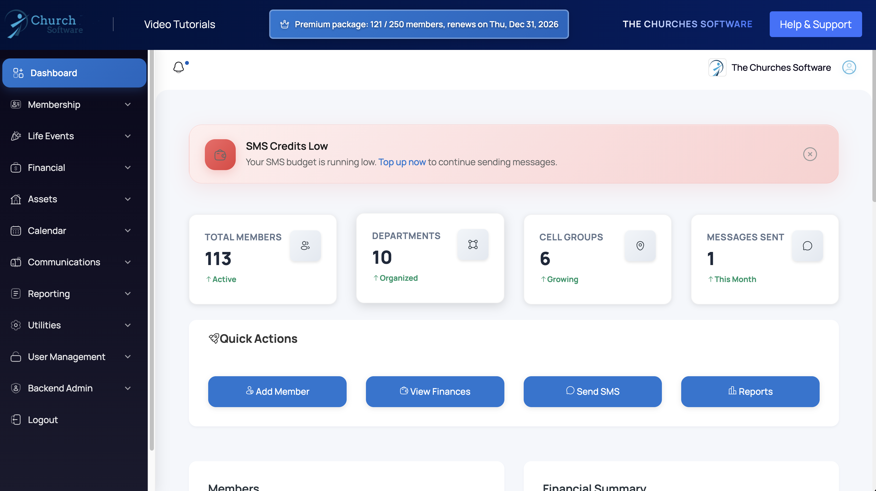 The Churches Software dashboard