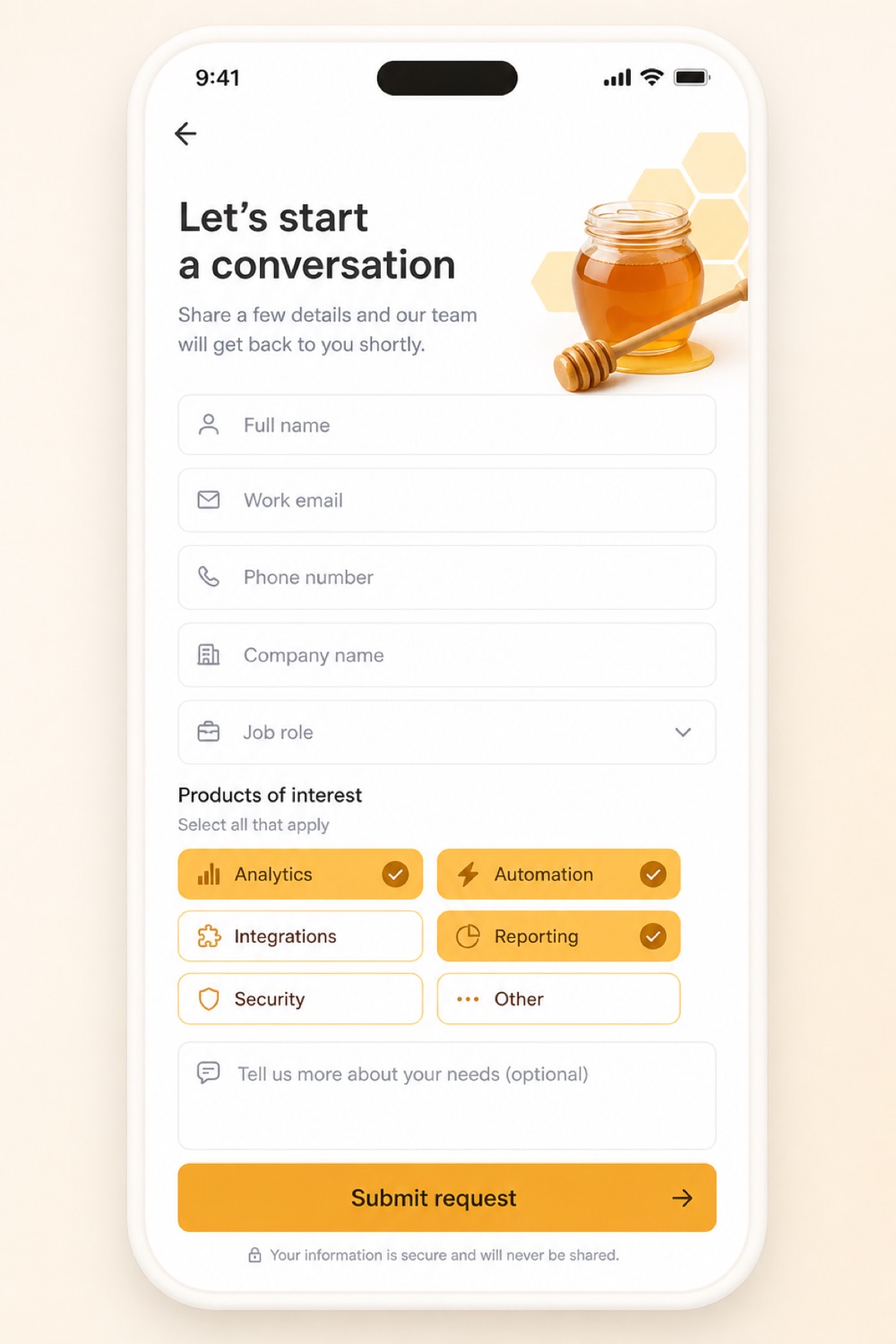 Hive lead capture form with product tags