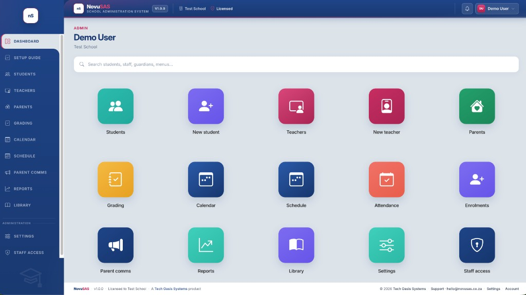NovuSAS school administration dashboard